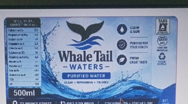 Whale Tail Waters bottle label