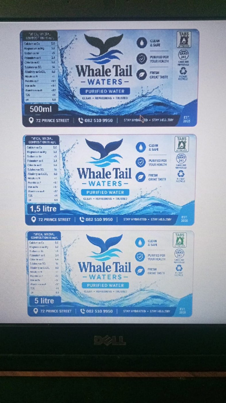 Whale Tail Waters bottle sticker designs